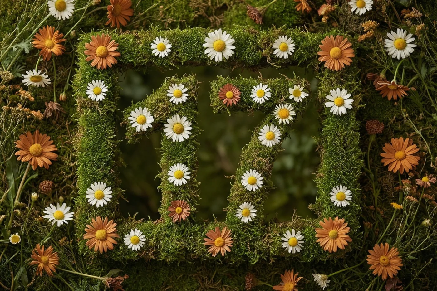 Het getal 17 is uitgesneden uit een groen mosframe en versierd met witte en oranje madeliefjes in een landelijke tuin.