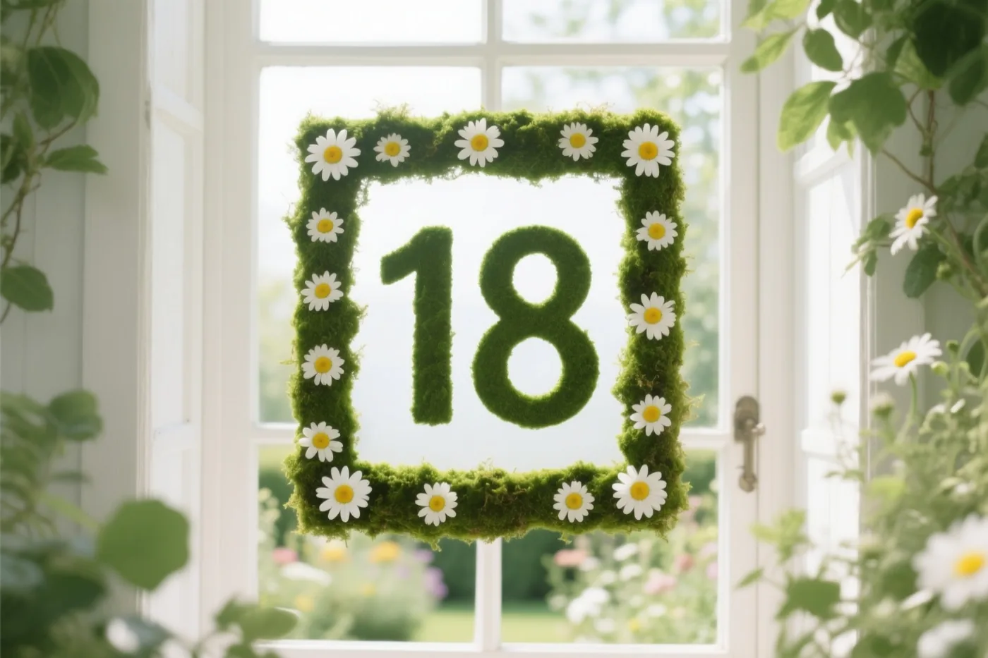 Een vierkant moskader met madeliefjes en het getal 18 hangt aan een wit raam in een lichte tuinomgeving.