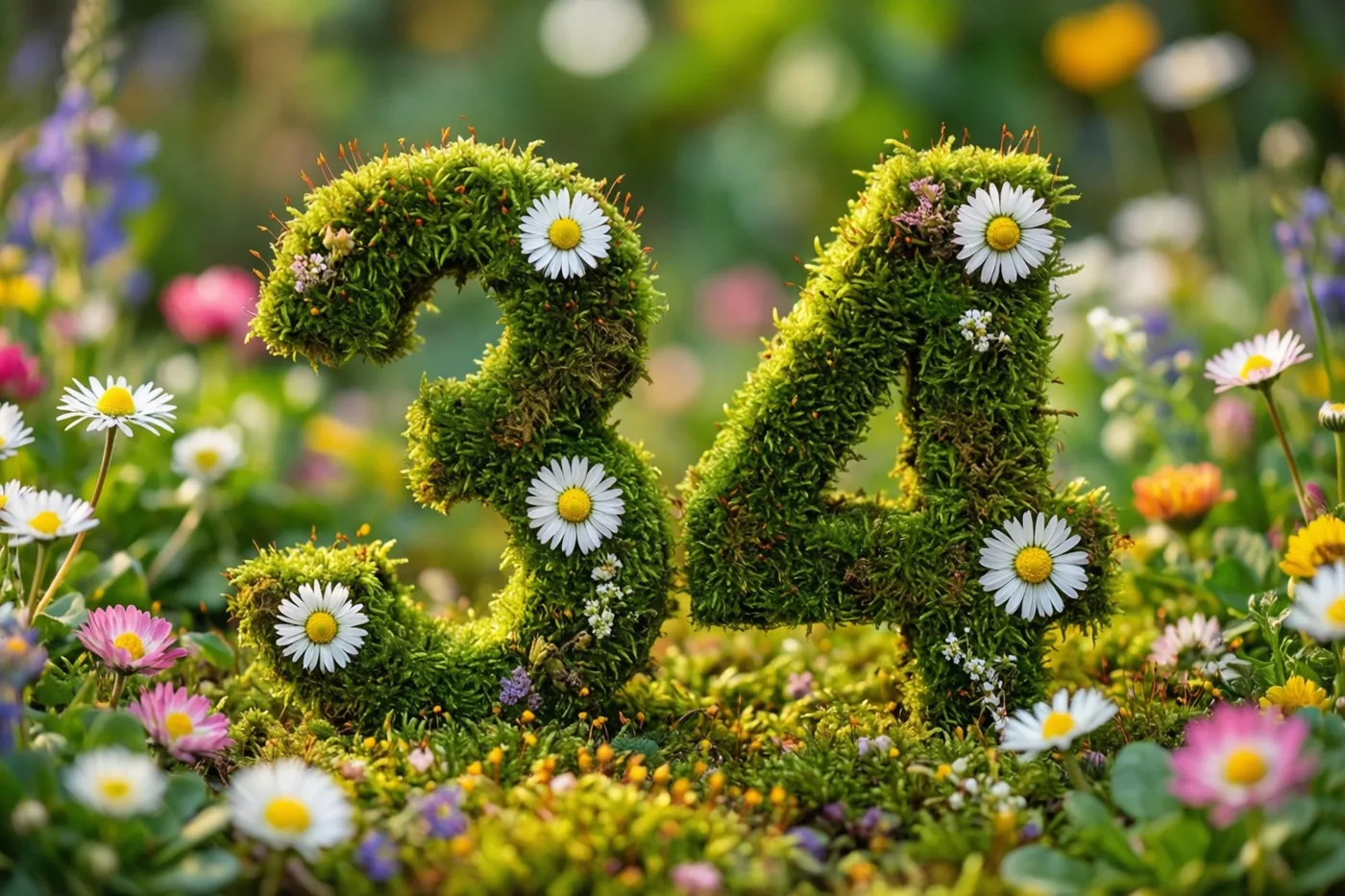 Een weelderig groen moskader vormt het getal 34 en is versierd met witte madeliefjes in een landelijke tuin vol kleurrijke bloemen.