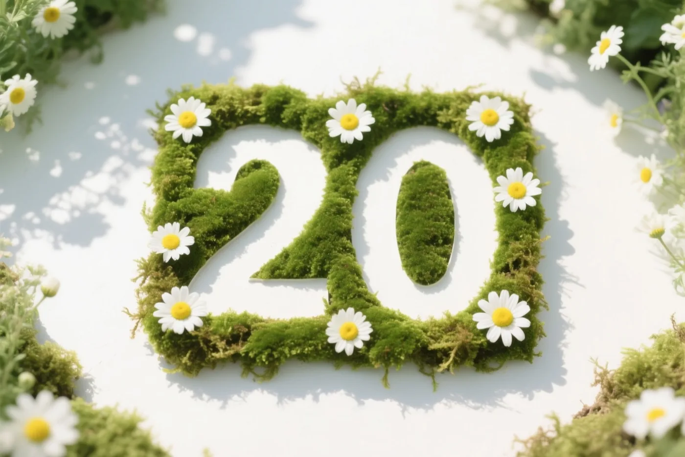 Het getal 20 is uitgesneden uit een groen moskader met witte madeliefjes tegen een helderwitte achtergrond.
