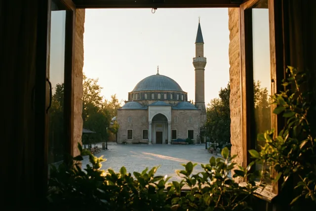 Door een open raam is een moskee met koepel en minaret aan een rustig stenen plein te zien, met groen op de voorgrond en bomen in het gouden ochtendlicht.