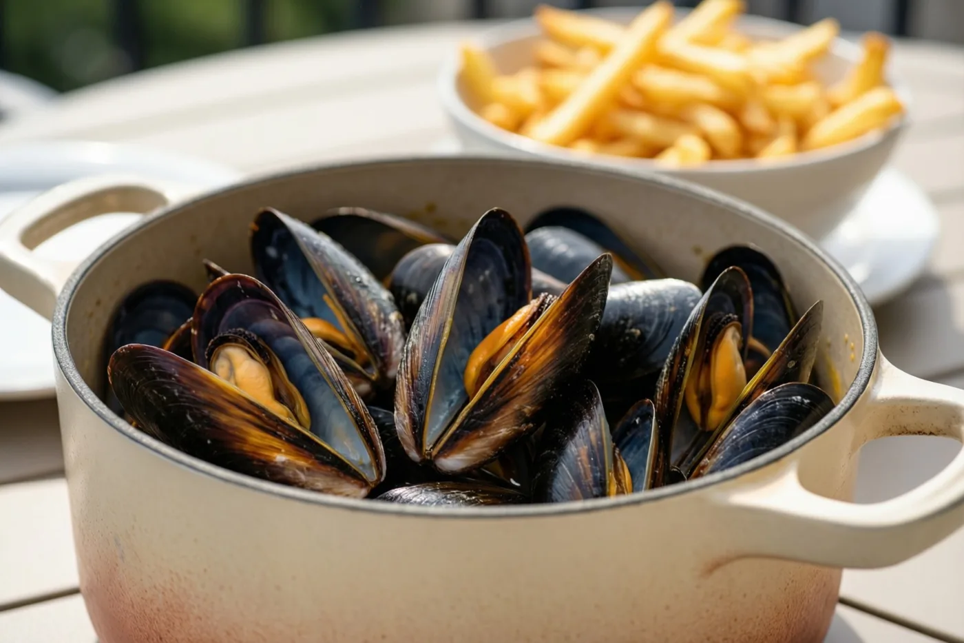 Een pot gekookte mosselen met open schelpen staat op een houten terrastafel in helder daglicht, met een kom goudgele frieten op de achtergrond.