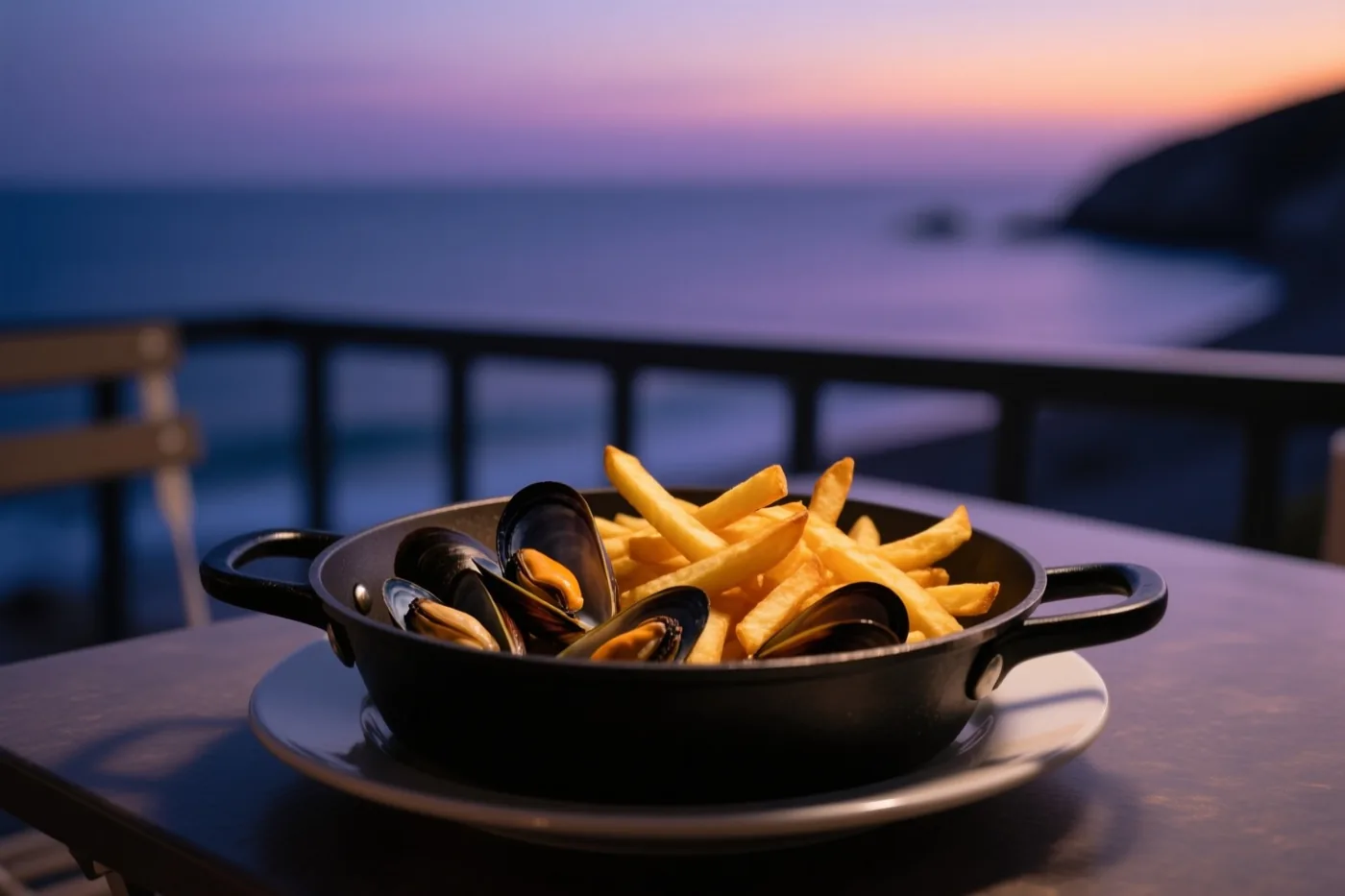Een zwarte pot met mosselen en goudgele frieten staat op een wit bord op een houten tafel, met een onscherpe zonsondergang aan de kust in paarse en oranje tinten op de achtergrond.