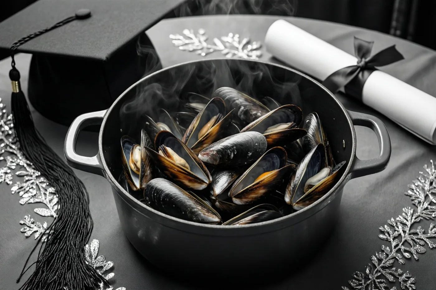 Een dampende pot mosselen staat op een donker tafelkleed met zilveren sneeuwvlokversieringen naast een afstudeerhoedje en een opgerold diploma met een zwart lint, in een monochroom beeld met zilveren accenten.