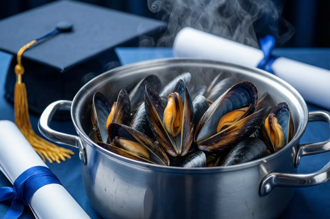 Een dampende pot mosselen staat op een blauw tafelkleed naast een afstudeerhoedje en opgerolde diploma's, in blauwe en zilveren tinten.
