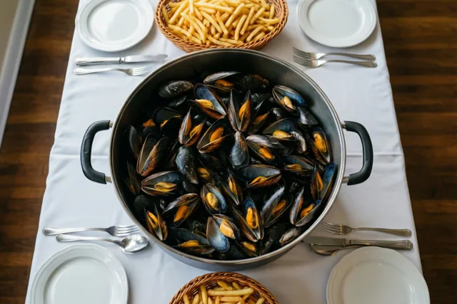 Een grote pot gestoomde mosselen met open schelpen staat tussen twee manden goudgele frieten op een lange tafel met een wit tafelkleed, witte borden en bestek boven een donkere houten vloer.
