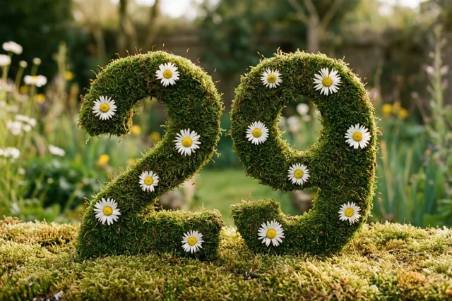 Het getal 29 is gevormd uit een mossige groene haag met witte madeliefjes, met onscherp gebladerte in een landelijke tuin erachter.
