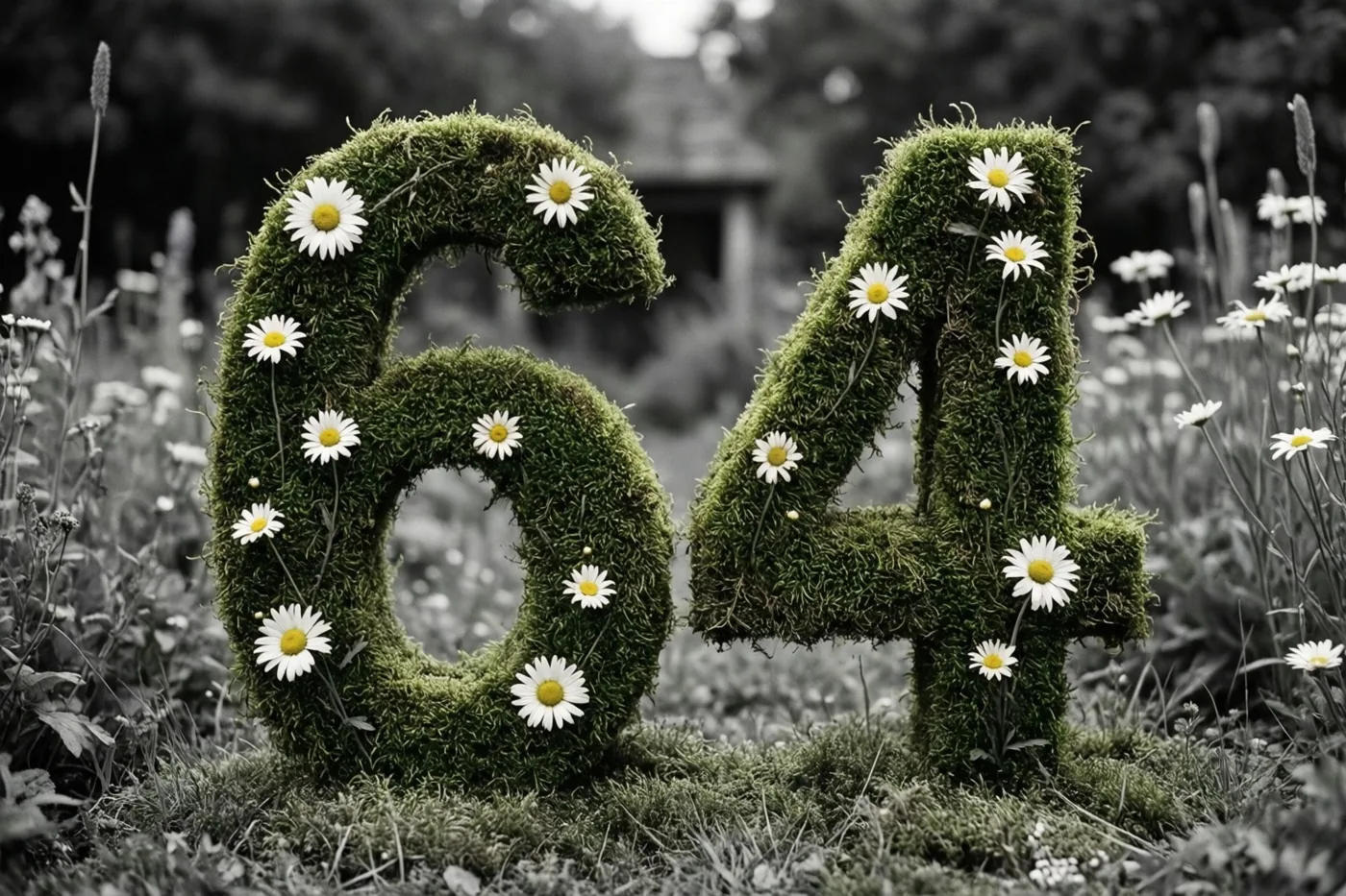 Een groene, mossige haag vormt het getal 64 en is versierd met witte madeliefjes, met een landelijke tuin onscherp op de achtergrond.