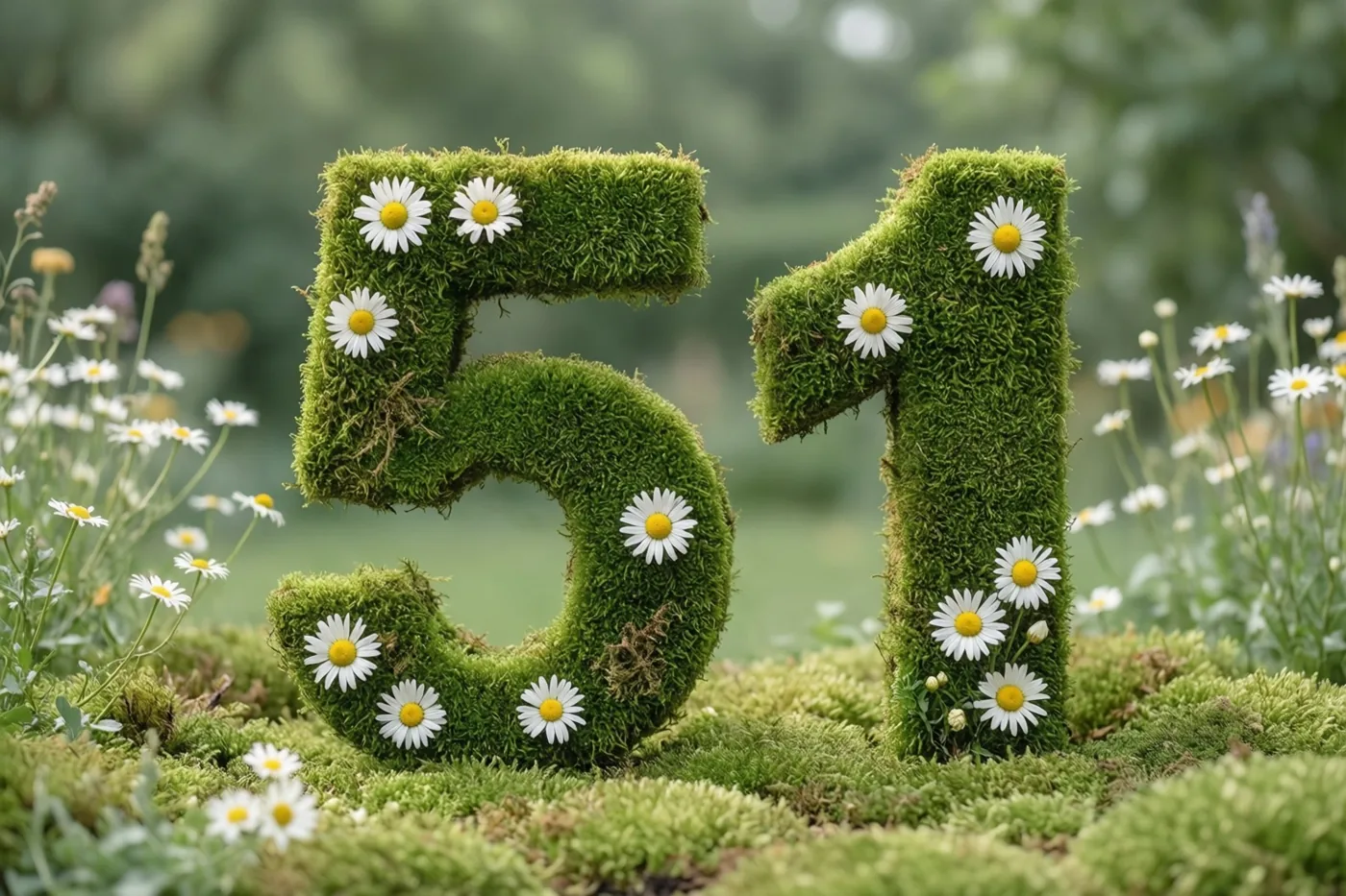 Een mossige groene haag vormt 51 en is versierd met witte madeliefjes in een landelijke tuin met een onscherpe natuurlijke achtergrond.