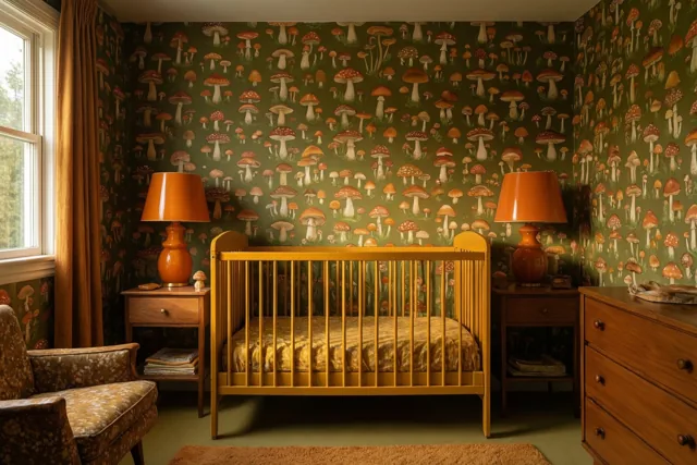 Een mosterdgeel babybed staat tegen paddenstoelenbehang in een babykamer in jaren-zeventigstijl, met twee oranje lampen op houten tafeltjes, een bijpassende zetel en ladekast.