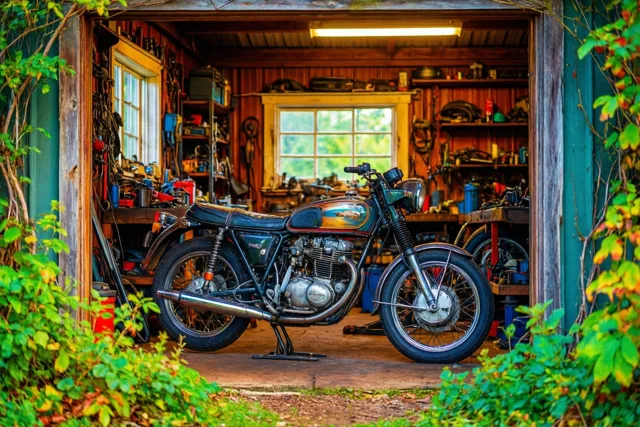 Een oude motorfiets staat tussen gereedschap in een houten garagewerkplaats, met groen rond de open garagepoort.