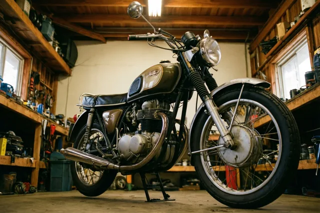 Een oude motorfiets staat op een standaard in een volle houten garagewerkplaats, verlicht door daglicht van de ramen en van boven.