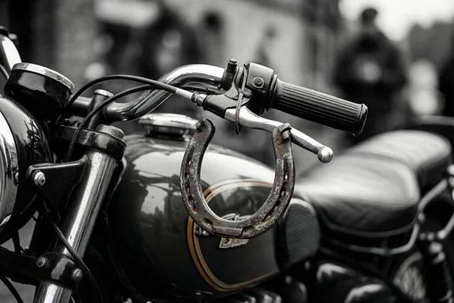 Een oud, verweerd hoefijzer hangt aan het stuur van een oude motorfiets, van dichtbij weergegeven in zwart-wit.