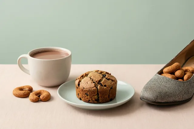 Een witte mok chocolademelk en een bosbessenmuffin op een lichtgroen bord staan op een lichtroze tafelkleed naast een grijze geweven schoen vol pepernoten en twee losse pepernoten, tegen een mintgroene muur.
