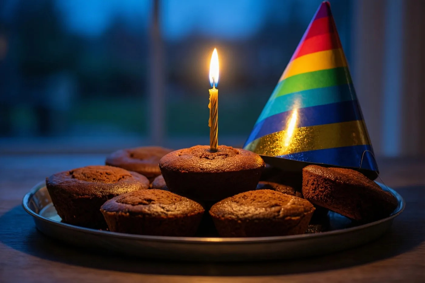 Een dienblad met bruine muffins staat op een houten ondergrond, met een brandend kaarsje in één muffin en een regenbooggestreept feesthoedje ernaast tegen een onscherpe blauwe achtergrond.