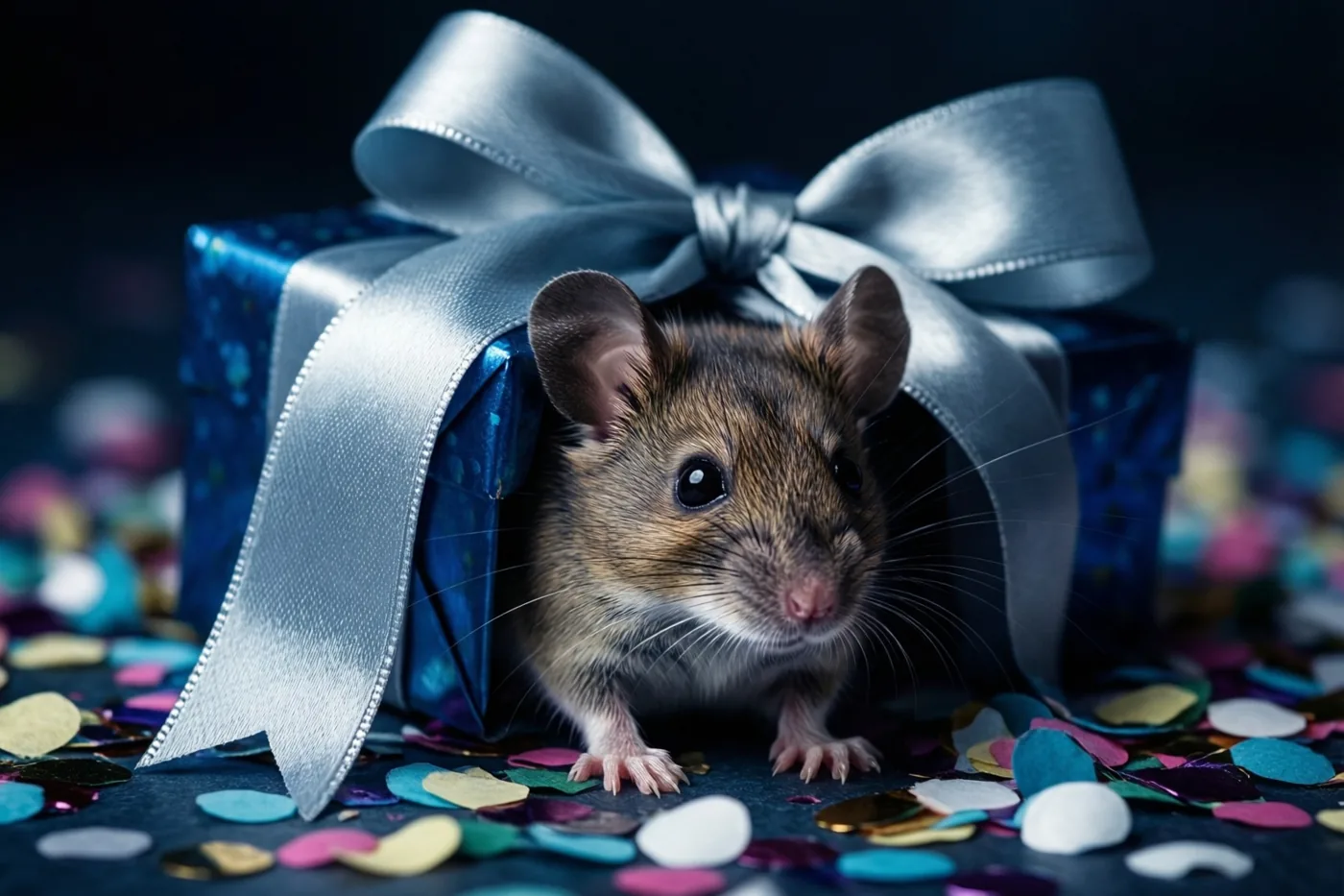 Een klein bruin muisje gluurt achter een blauwe geschenkdoos met een grote zilveren strik vandaan, op een donker oppervlak met kleurrijke confetti.