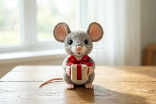 Een vilten speelgoedmuisje zit op een houten tafel met een klein ingepakt cadeau met rode strik, verlicht door een raam op de achtergrond.