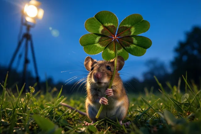 Een klein muisje zit bij schemering in het gras met een groot klavertjevier rechtop als een paraplu, terwijl op de achtergrond een felle studiolamp op een statief staat.