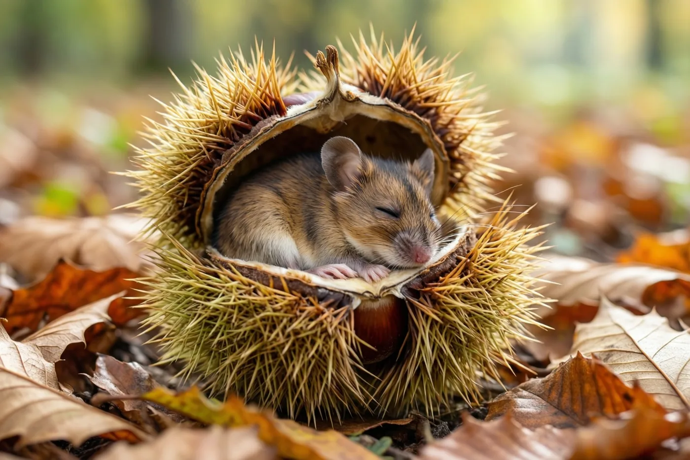 Een kleine muis slaapt opgerold in een open stekelige kastanjebolster tussen afgevallen bladeren in een bos met warm goudkleurig licht.