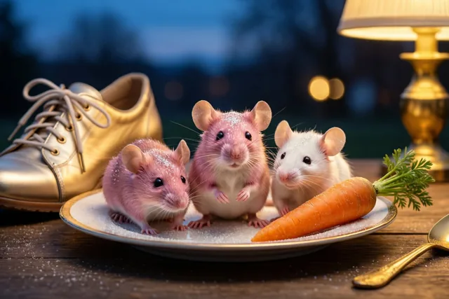 Twee roze muisjes en een wit muisje zitten op een bord met een wortel naast een gouden schoen, op een houten tafel in warm lamplicht tegen een donkerblauwe achtergrond.