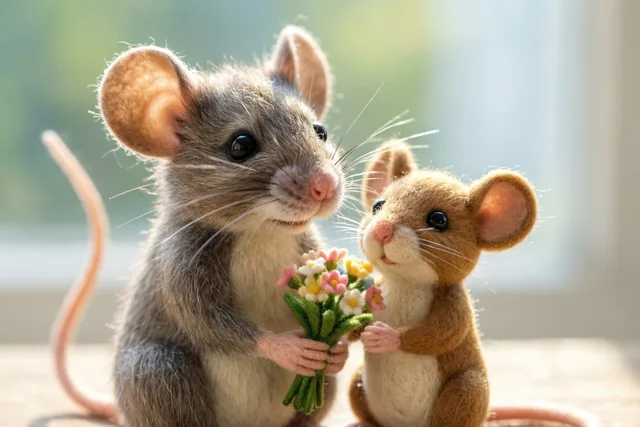 Een grote en een kleine vilten muis zitten samen met een klein boeketje kleurrijke vilten bloemen voor een onscherpe achtergrond.