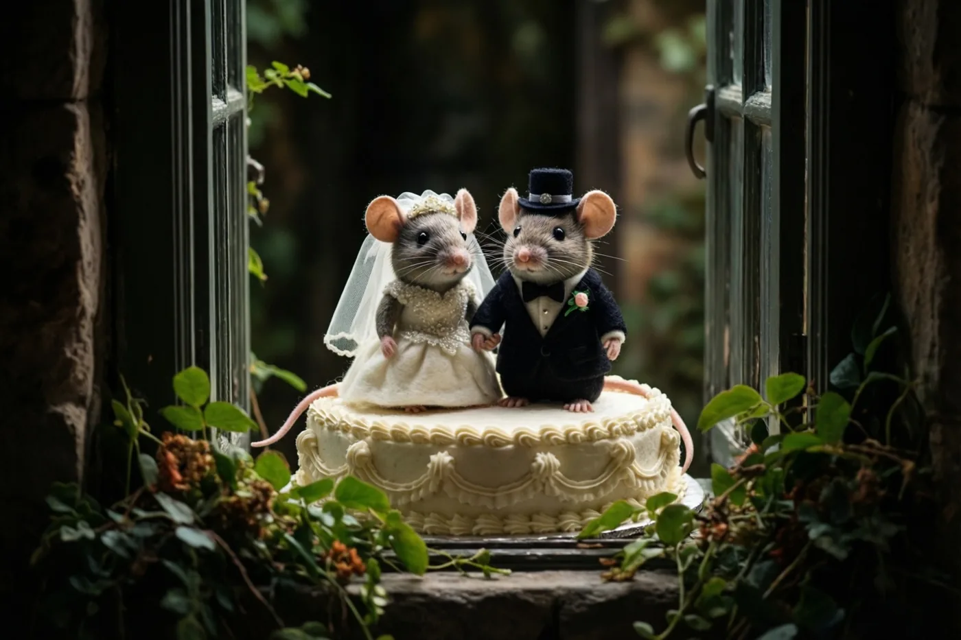 Twee vilten muizen in bruidskleding staan op een witte bruidstaart op een stenen vensterbank, omringd door groen.