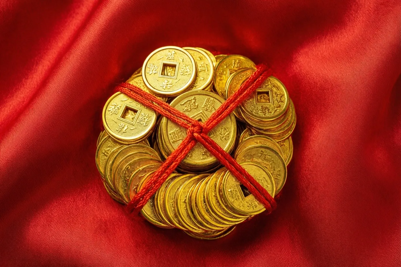 Een bundeltje goudkleurige munten, samengebonden met een rood koord, ligt op een rode zijden doek.