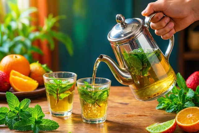 Een hand schenkt muntthee uit een hoge zilveren theepot in kleine glazen op een houten tafel met verse munt, sinaasappels en aardbeien.