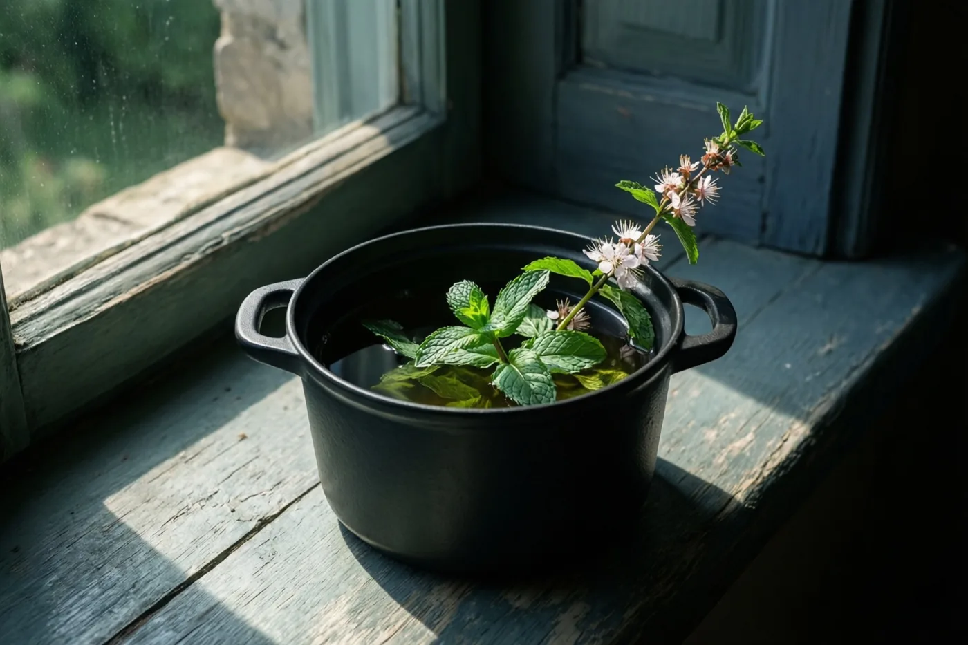 Een zwarte pot met muntthee en een bloesemtakje staat op een verweerde houten vensterbank in het zonlicht, met groene, zwarte en blauwe tinten.