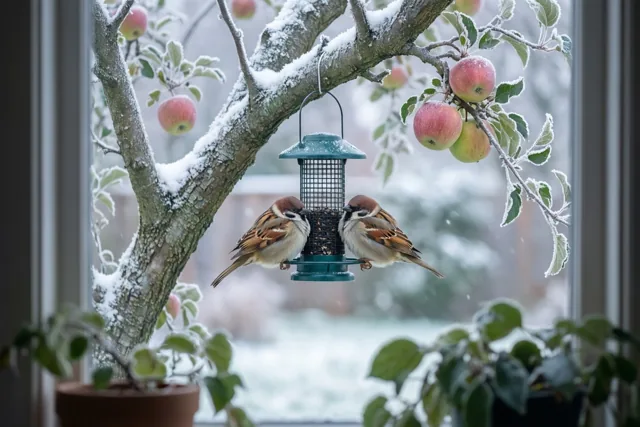 Door een raam met potplanten op de voorgrond zie je twee mussen op een groene voederhouder aan een besneeuwde appelboomtak met berijpte bladeren en rode appels.