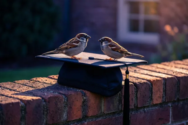 Twee bruingrijze mussen zitten op een zwarte afstudeerhoed op een laag rood bakstenen tuinmuurtje in warm zonlicht.