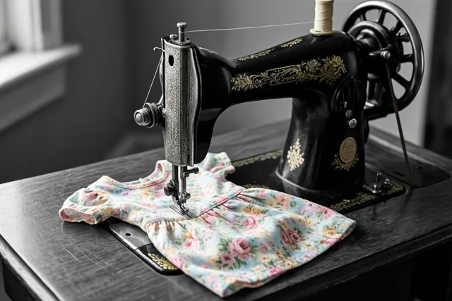 Een zwarte naaimachine met gouden bloemversiering naait een babyjurkje met pastelbloemen op een donker houten tafel, waarbij de stof kleur geeft aan de gedempte omgeving.