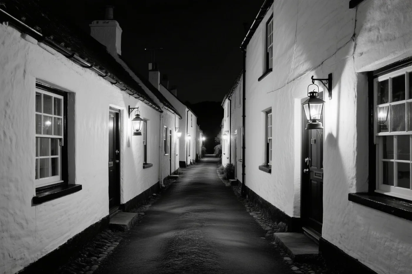Een zwart-witbeeld toont een smalle dorpsstraat bij nacht met witgekalkte boerderijen en een lantaarn aan elke deur.