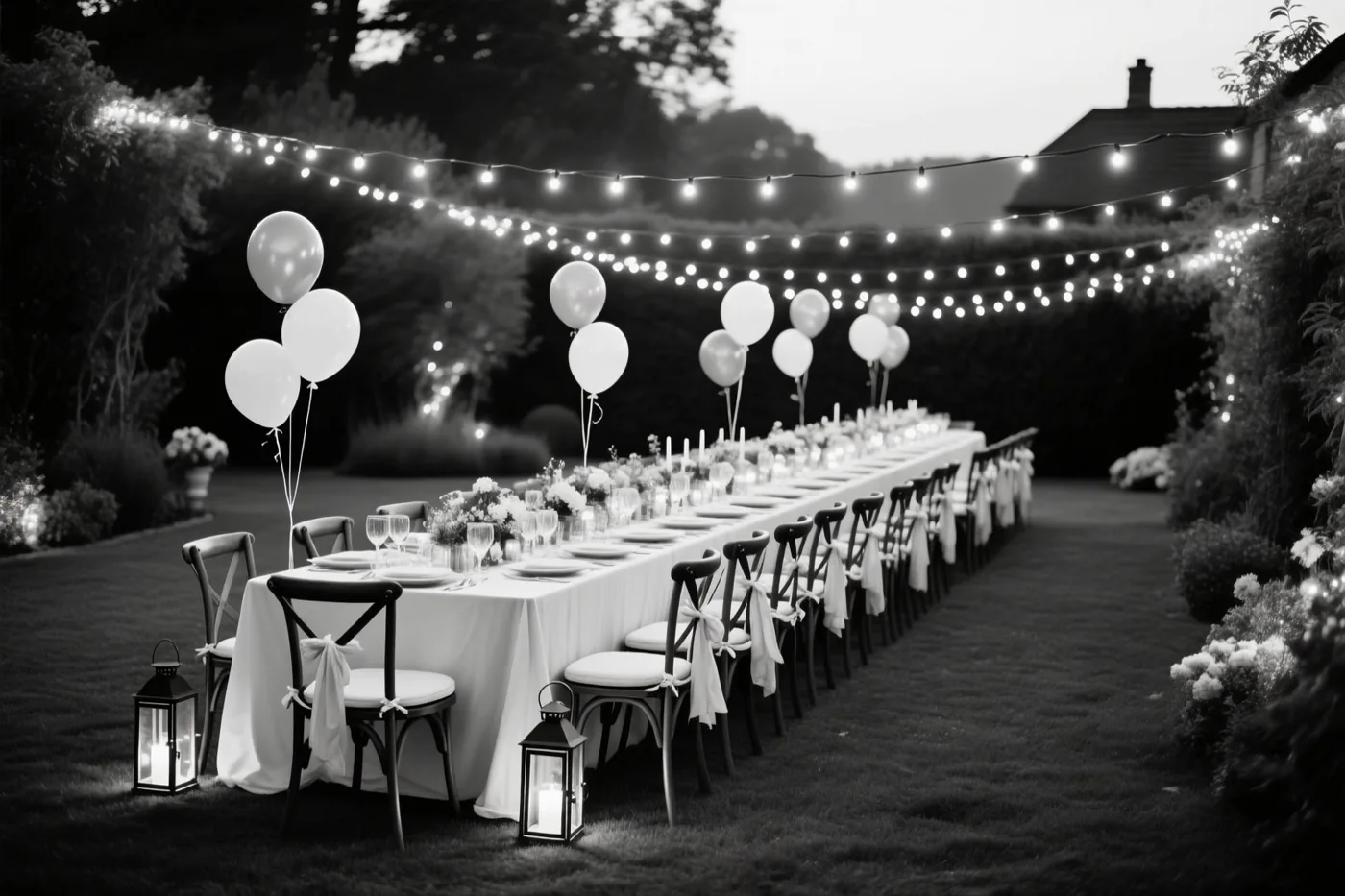 Een zwart-witfoto toont een lange feesttafel in een tuin bij nacht, met lichtslingers, ballonnen aan de stoelen en lantaarns.