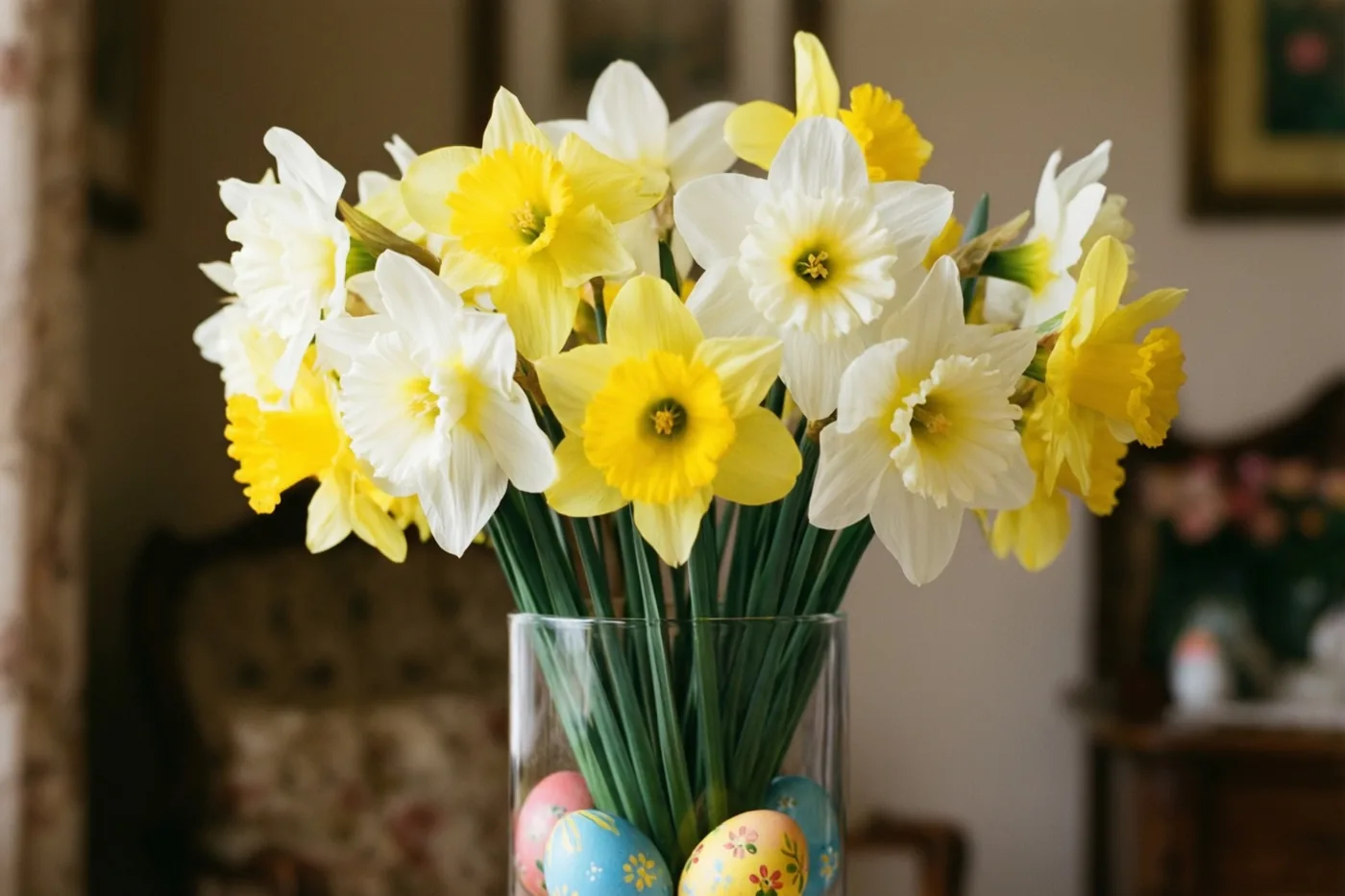Een hoge glazen vaas met witte en gele narcissen en groene stelen staat binnen met beschilderde paaseieren aan de voet, tegen een onscherpe achtergrond met meubels en wanddecoratie.