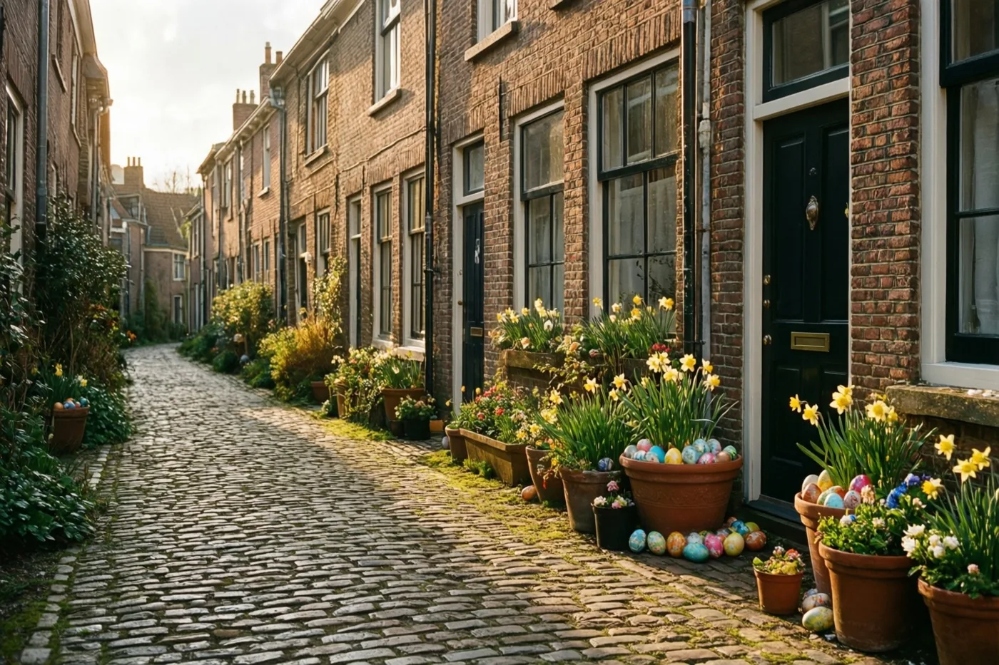 Bij de voordeuren van bakstenen huizen in een smal kasseisteegje staan bloempotten met narcissen en kleurrijke paaseieren in warm gouden zonlicht.