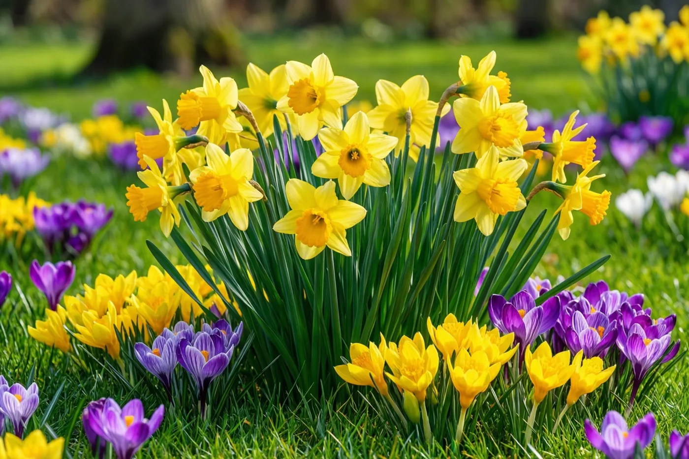 Gele narcissen en paarse en gele krokussen bloeien in een frisgroen gazon bij helder daglicht, met een onscherpe achtergrond.