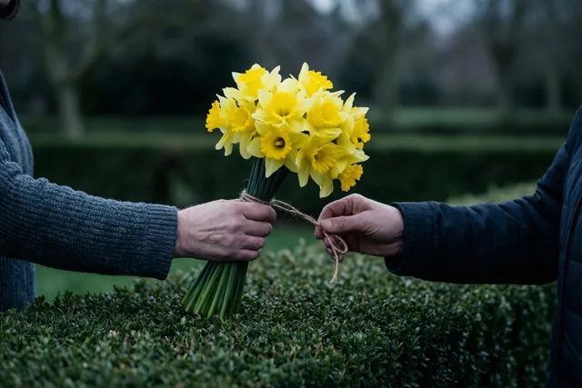 Twee handen geven een felgele bos narcissen met een touwtje door over een lage groene haag in een tuin onder een bewolkte hemel.
