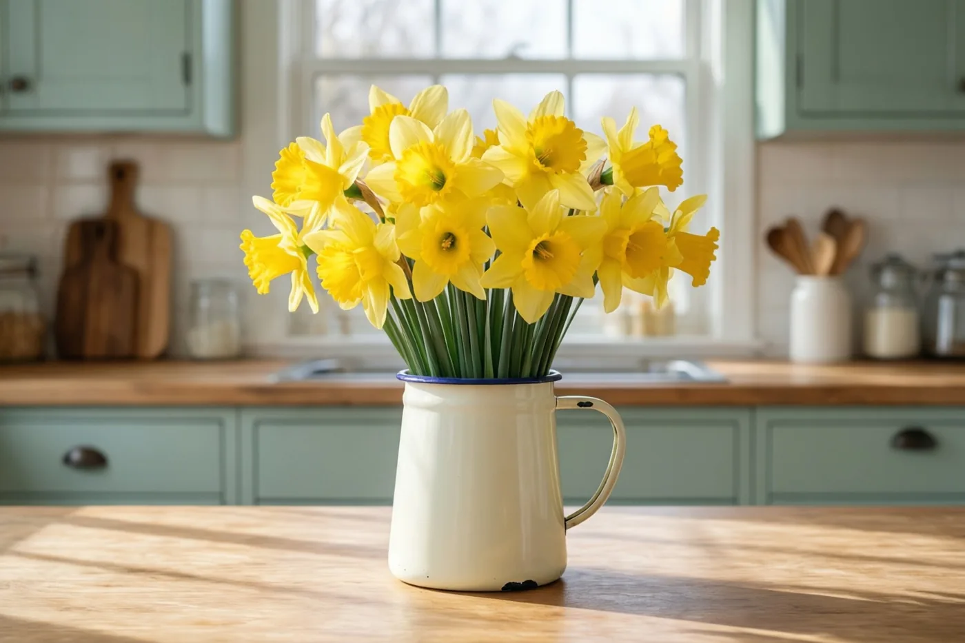Gele narcissen in een witte geëmailleerde kan met blauwe rand staan op een zonnige houten tafel voor lichtgroene keukenkasten en een raam.