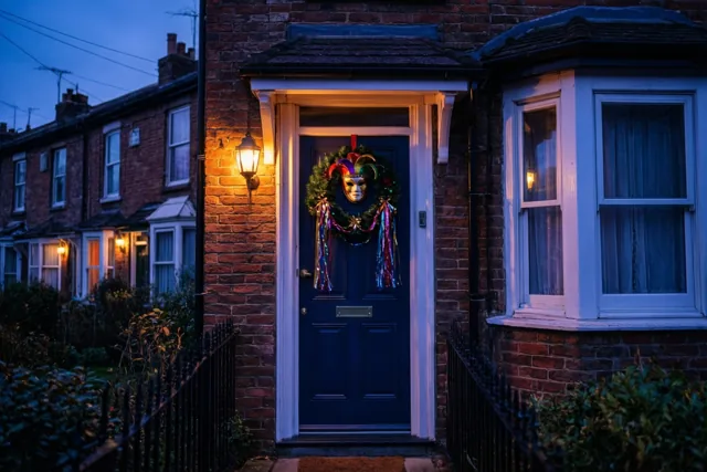 Een blauwe voordeur van een bakstenen rijhuis is bij schemering versierd met een krans met narrenmasker en kleurrijke slingers, verlicht door een wandlamp en de ramen.