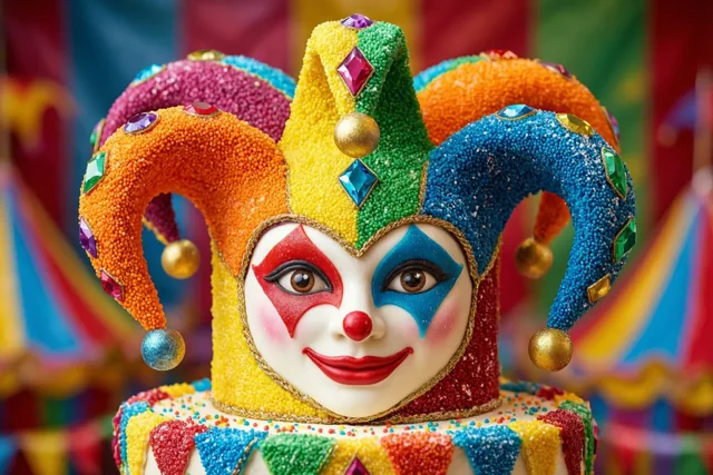 Een taart in de vorm van een narrenmuts is van dichtbij te zien met gekleurde suikerruiten en strooisel, tegen een onscherpe carnavalsachtergrond.
