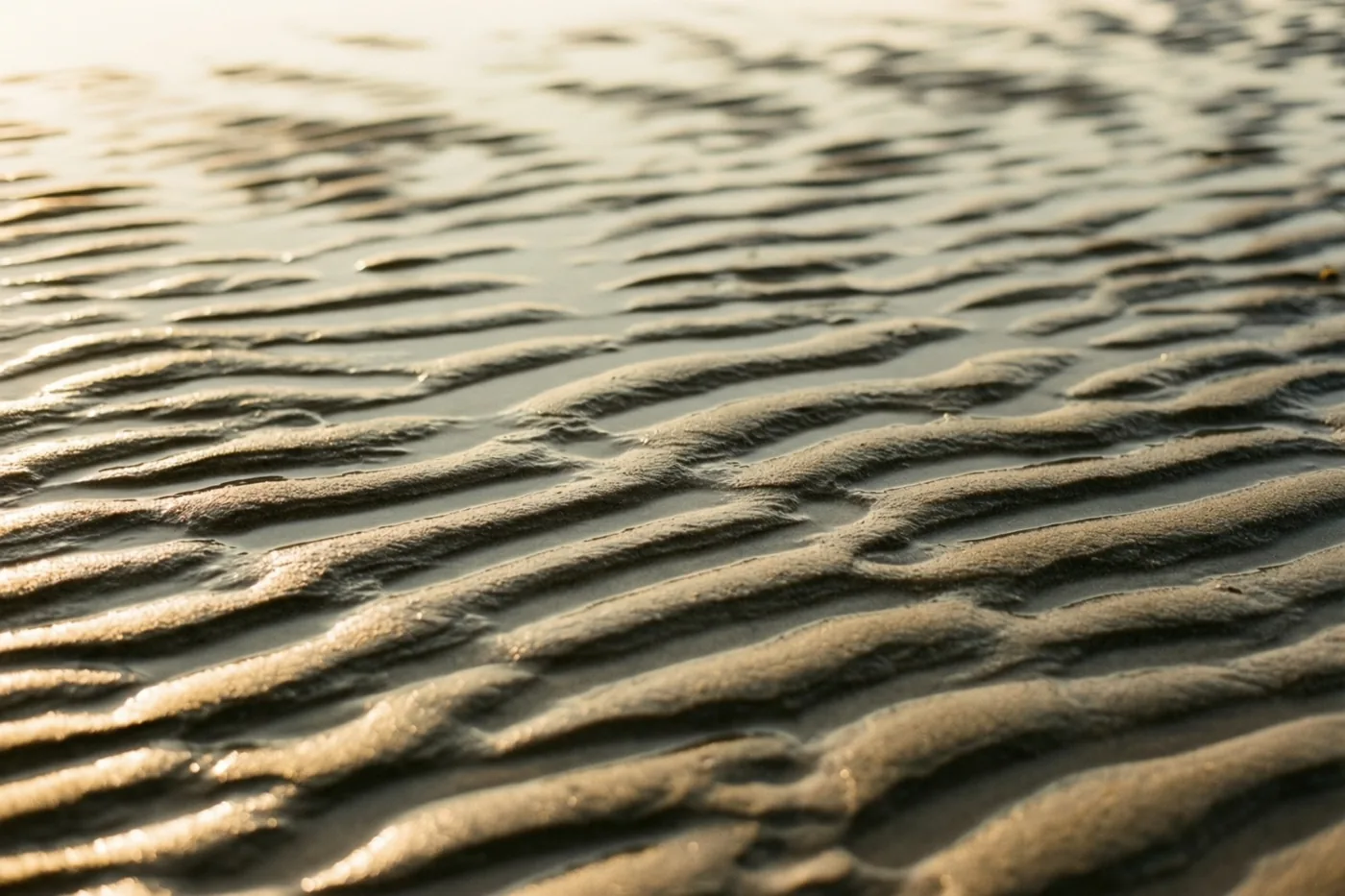 Ribbels in nat zand bij eb zijn van dichtbij gefotografeerd in warm goudkleurig licht, met een wazige achtergrond.