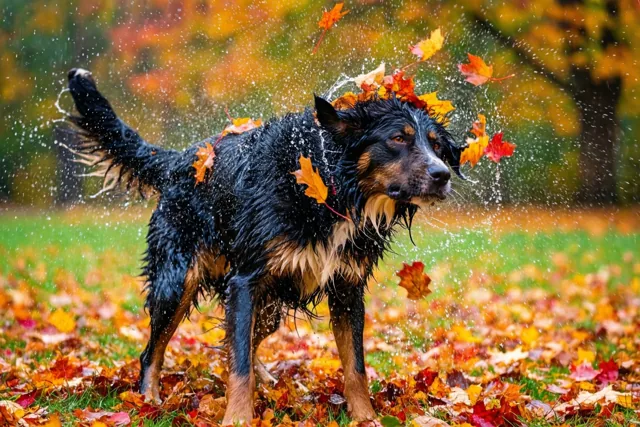 Een natte zwart-bruine hond schudt water en kleurrijke bladeren uit zijn vacht op een grasveld met afgevallen bladeren in een herfstpark.