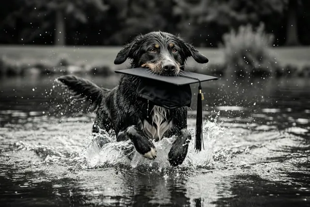 Op een zwart-witfoto spat een natte hond uit een vijver met een afstudeerhoed in zijn bek, tegen een onscherpe natuurlijke achtergrond.