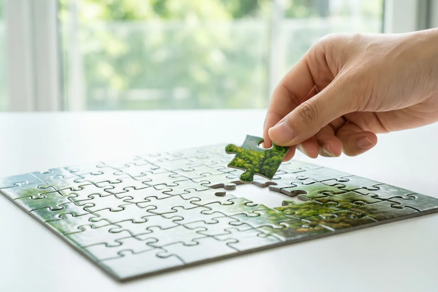 Een hand legt het laatste stukje van een legpuzzel met een natuurtafereel op een witte tafel in het daglicht van een raam.