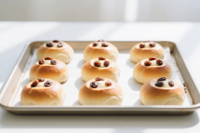 Negen ronde zoete broodjes met oogjes van rozijnen liggen op een metalen bakplaat in zacht natuurlijk licht.