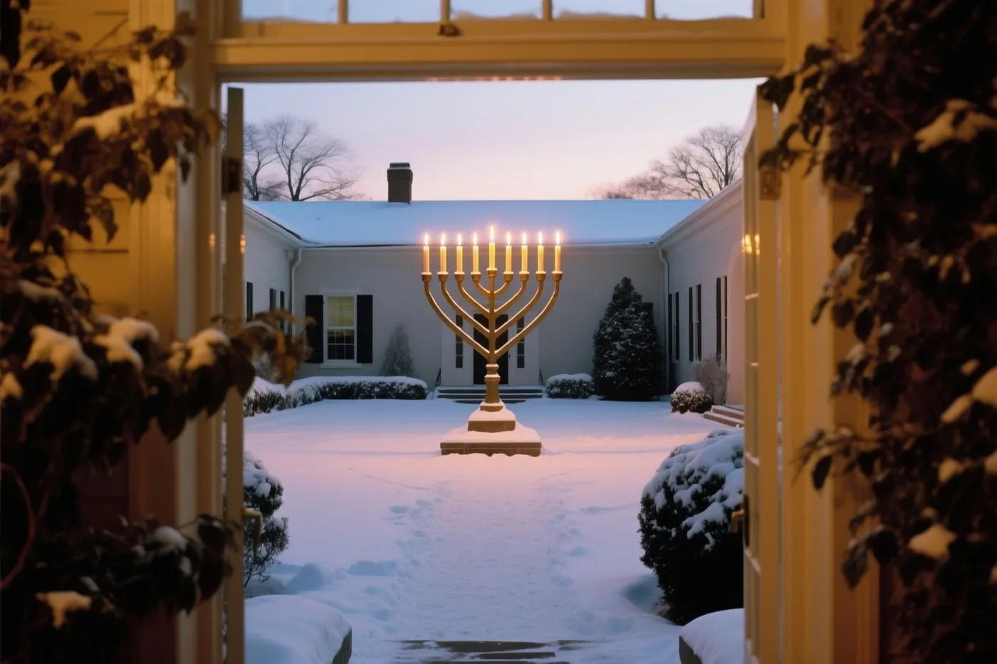Door een open deuropening is een gouden kandelaar met negen brandende kaarsen op een besneeuwde binnenplaats te zien, met besneeuwde planten naast de deur en een wit huis en kale bomen erachter.