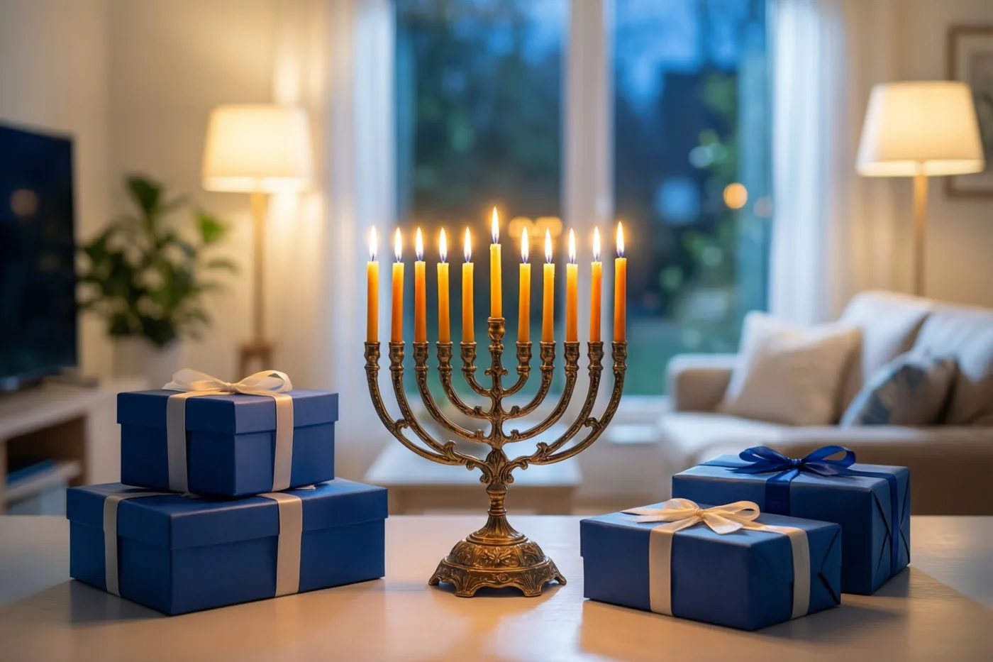 Een kandelaar met negen brandende kaarsen staat tussen blauwe cadeaudozen met linten op een tafel in een woonkamer, met lamplicht en een donker raam.