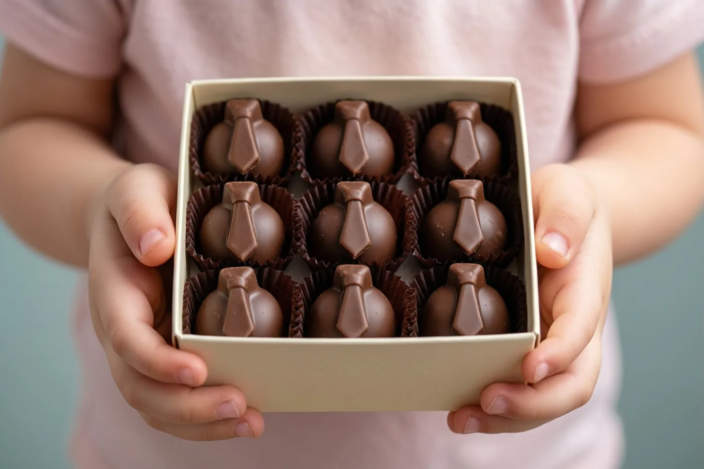 Kinderhanden houden een beige geschenkdoos met negen dasvormige pralines in bruine papieren vormpjes vast, met een lichtroze shirt en een zachte achtergrond in beeld.