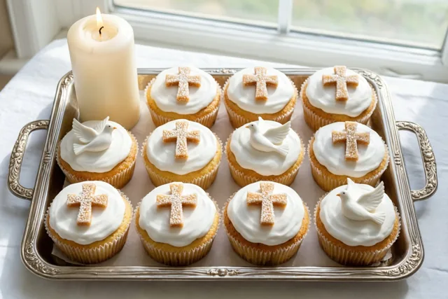 Negen kleine witte taartjes met kruisjes en duifjes van suiker staan op een zilveren dienblad naast een brandende witte doopkaars bij een raam.